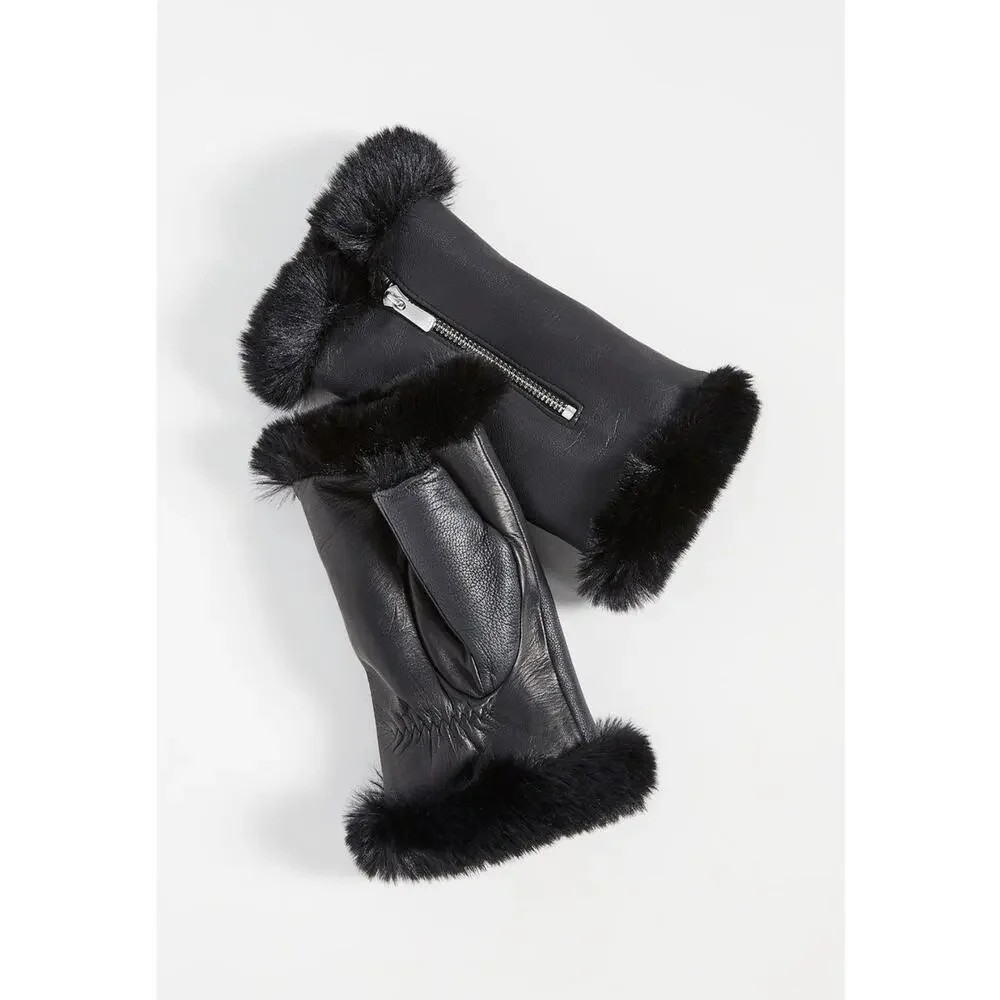 New Agnelle Barbara Fingerless Gloves in Noir Leather Women's Size 2